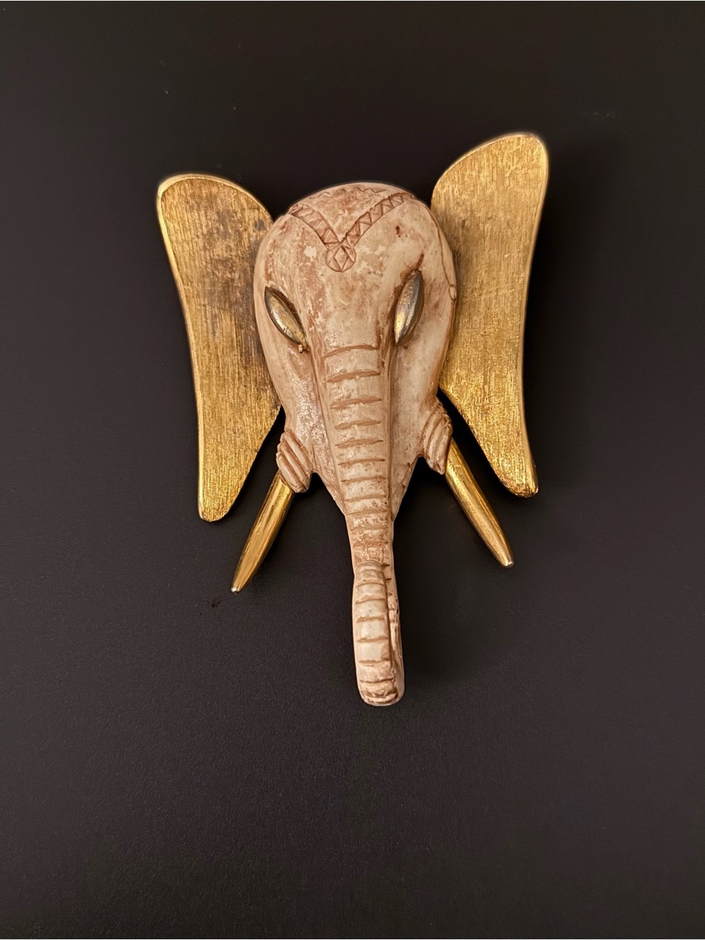 Vintage Mid-Century Stylized Elephant Head Brooch - Faux Ivory & Gold Tone